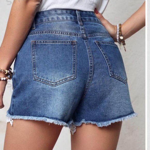 Crochet Denim shorts Jean patchwork 4 27 distressed holes XS womens boho lace S - Picture 2 of 7